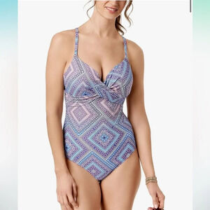 Island Escape Blue & Pink Geometric Underwire One Piece Swimsuit Size 10